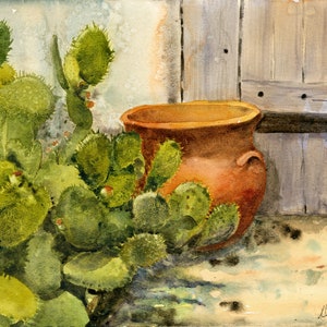 Santa Fe Adobe Cactus/ Watercolor Painting/ Prickly Pear Cactus/ New Mexico Art/ Southwestern Art/ Print/ Debi Garcia-Benson/ Southwest Gift