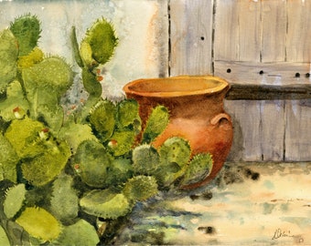 Santa Fe Adobe Cactus/ Watercolor Painting/ Prickly Pear Cactus/ New Mexico Art/ Southwestern Art/ Print/ Debi Garcia-Benson/ Southwest Gift