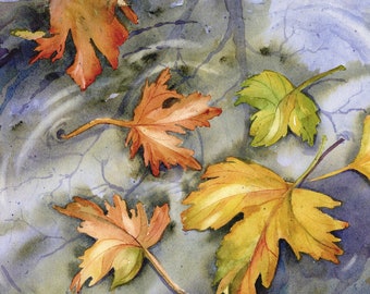 Fall Leaves Floating on Water/ Autumn Leaves/ Falling Leaves  /Giclee Print of Original Watercolor by Debi Garcia-Benson