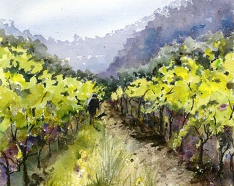 Vineyard Watercolor, Wine Wall Art, Between the Vines, Vineyard Landscape, Gicle Print of Original Watercolor Painting by Debi Garcia-Benson
