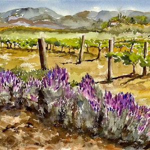 Winery Watercolor Landscape/ Vineyard/ Wine County/ Wine Art/ Giclee Print/ Lavender in the Vines/ Original Watercolor/ Debi Garcia-Benson