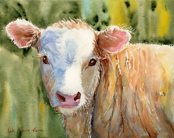 Calf Watercolor/ Baby Cow Art Print/ Cow Art/ Calf Portrait Painting/ Farm Art/ Cow Face/ Giclee Print/ Original Art by Debi Garcia-Benson