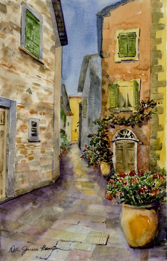 Italian Village Street Italy Watercolor Painting Gift for Etsy