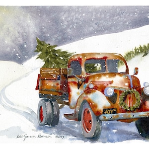 Christmas Tree Red Truck/ Rustic Red Truck Painting/ Quality Gicle Print of an Original Watercolor by Debi Garcia-Benson, Christmas Gift