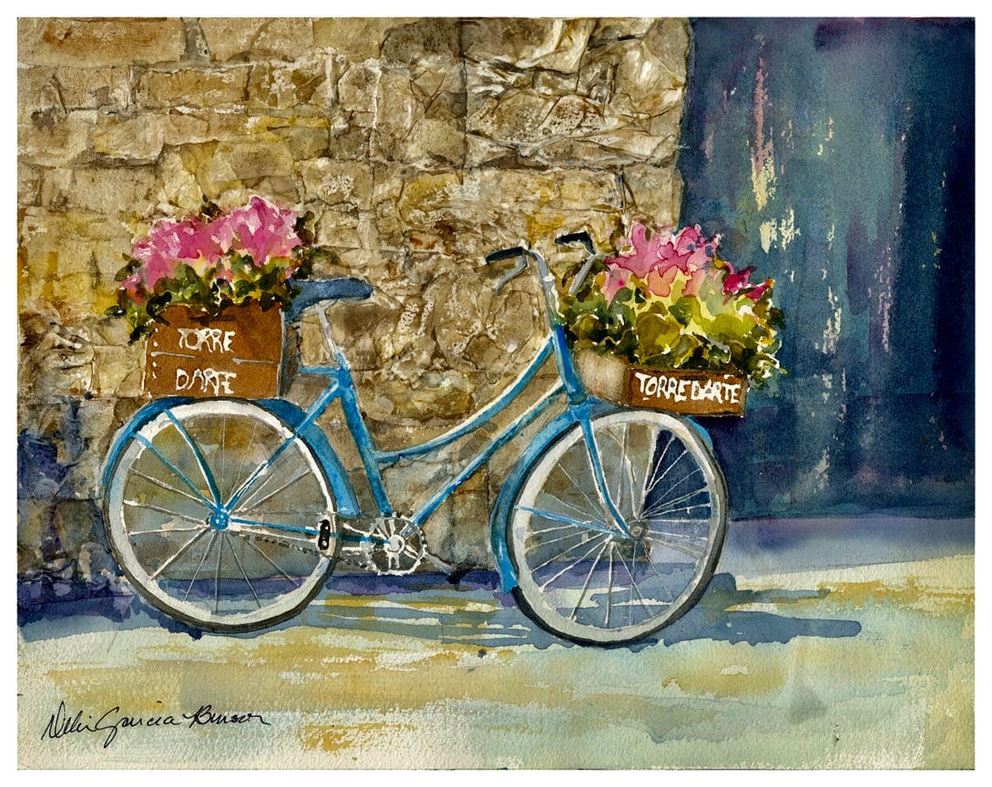 Blue Bike Watercolor/ Bicycle Painting/ French Country Art/ Etsy