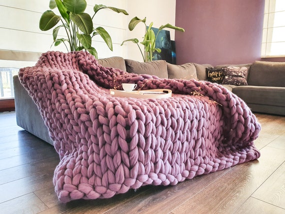 Gifts for Her Chunky Knit Blanket. Hand Knitted Large Beige Throw