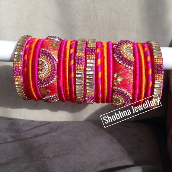 Gorgeous Orange and Pink Silk Bangle Set Set of 18 Resham Etsy UK