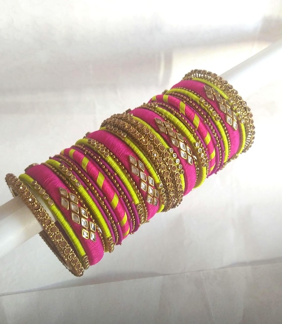 Dark Pink and green Silk Thread Bangle Set: Indian Bridal Jewelry