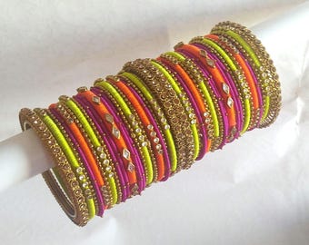 Colorful Silk Thread Bangle Set: Antique Gold Indian Bridal Jewelry, gifts for women, bangles