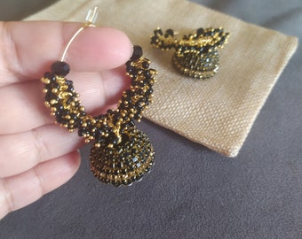 Black silk jhumka hoop earrings, Indian jewellery, earrings, Asian jewellery, handmade