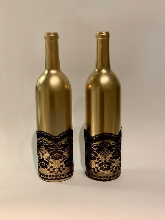 Gold Wine Bottles With Black Lace Trim Wedding Table Etsy