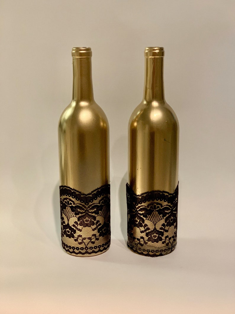 Gold Wine Bottles With Black Lace Trim Wedding Table Etsy