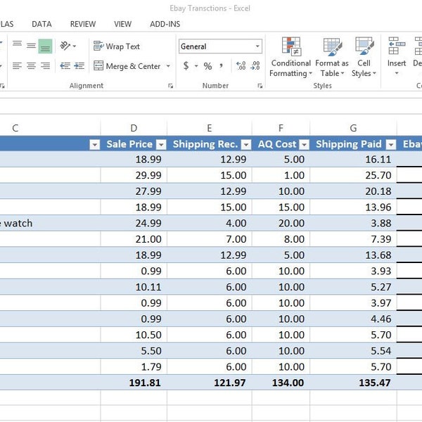 Ebay Transactions Spreadsheet Tracker Excel Expenses Sales Profits Dates Shipping Fees Costs Template Seller Store Microsoft Online Bookkeep