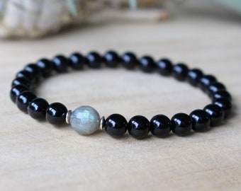 Black Tourmaline bracelet Labradorite, beaded stretch bracelet, gemstone bracelets, gifts for women