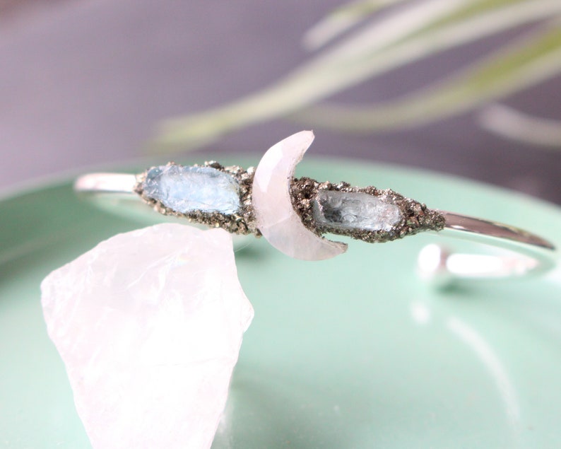 Crescent moon moonstone bracelet, moonstone cuff, silver boho cuff, raw crystal braclet, birthstone jewelry, celestial jewelry image 3