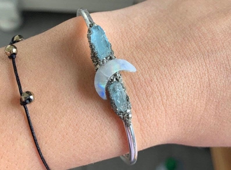 Crescent moon moonstone bracelet, moonstone cuff, silver boho cuff, raw crystal braclet, birthstone jewelry, celestial jewelry image 6