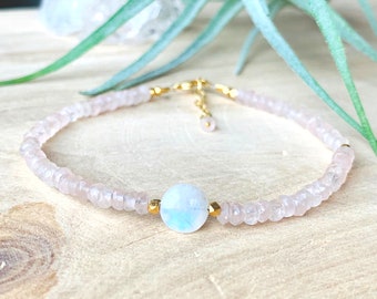 Dainty rose quartz bracelet gold, Moonstone bracelet, healing crystal moonstone, gift for mom, stackable gemstone bracelet