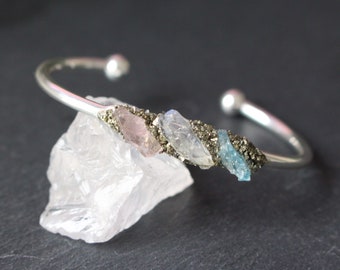 Rose quartz aquammarine moonstone bracelet, fertility bracelet, moonstone cuff, silver boho cuff, raw crystal braclet, birthstone jewelry