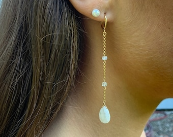 Gold Moonstone Earrings long, Moonstone Briolette, Moonstone Dangle Earrings, Boho wedding jewelry