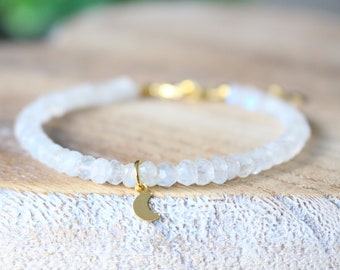 Dainty moonstone bracelet gold, Moonstone bracelet, healing crystal moonstone, gift for mom, stackable gemstone bracelet, crescent moon