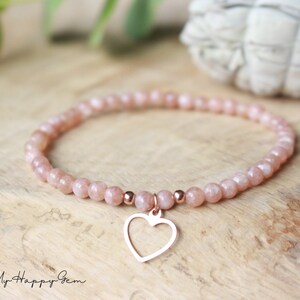 Peach Moonstone bracelet, valentines day bracelet, heart charm rose gold, gift for mom, gift for best friend, gift anniversary