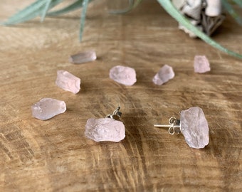 Raw rose quartz earrings studs, raw tourmaline studs, Raw stone earrings, Boho wedding jewelry