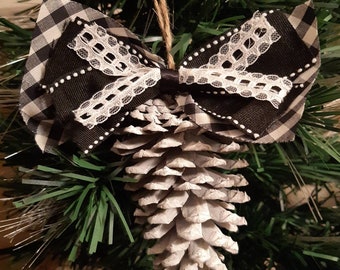 One (1) White Farmhouse Pinecone Christmas Tree Ornament with Buffalo Check Ribbon and Lace Bow, Holiday Home Decor