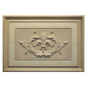 May include: A rectangular, beige-colored wall plaque with a raised fleur-de-lis design. The central motif is framed by a rectangular border and decorative scrollwork. The plaque has a textured appearance.