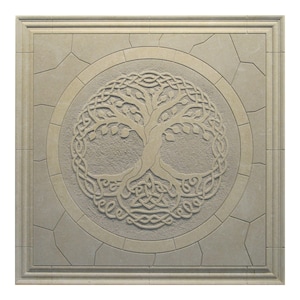 May include: A beige stone wall plaque with a carved Celtic tree of life design. The tree is surrounded by a circle of knots and the background is made of stone tiles.