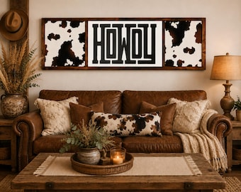 Howdy Sign, Western Farmhouse Wall Decor, Cowhide Wall Art, Ranch Home Decor, Rustic Entryway Sign, Cowboy Decor, Farmhouse Welcome Sign