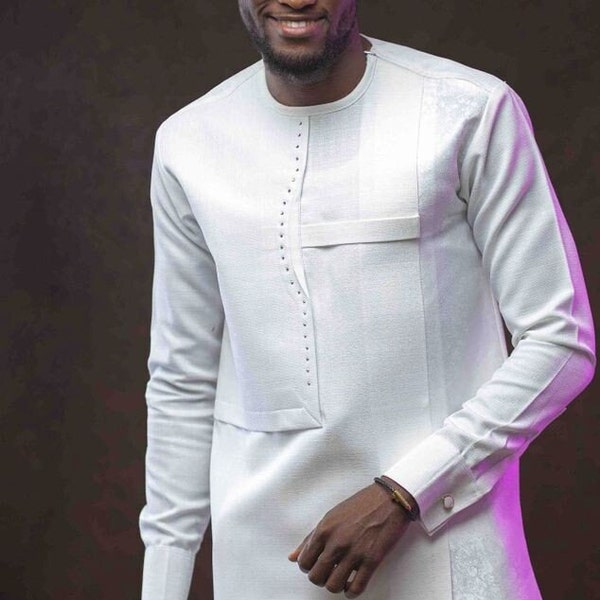 Africains blancs pour hommes portant des chemises et des pantalons assortis, costume de garçon d'honneur pour invités à une fête de mariage, broderie nigériane Buba Sokoto