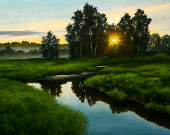 Stilla gryningen oljemålning på duk, flodlandskapskonst, 15x23"