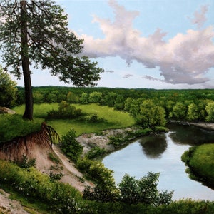 On a steep bank, Classic Realism, Oil painting on canvas, Landscape, River, Oil Painting Landscape, Forest, Home Decor, Handmade, Gift