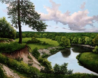 Pejzaż rzeczny, obraz olejny na płótnie, klasyczny realizm, 23x31 cali