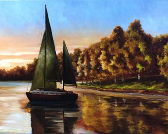 At sunset, oil painting on canvas, water surface, yacht, sail, home decor, realism, hand made, brand new and excellent