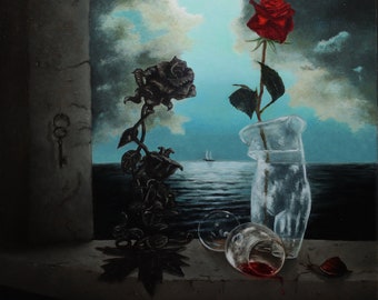 Vin renversé, Peinture à l'huile sur toile, Réalisme, Nature morte classique, Décoration d'intérieur, Cuisine, Réalisme académique contemporain, Art mural, Roses