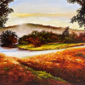 The morning, Classic Realism, Oil Painting on Canvas, Landscape, Scenery, River,  Forest, Art & Collectibles, Home Decor, Handmade, Gift