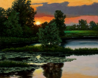 Oljemålning med sommarsolnedgång, sjölandskap, klassisk realism, 19x19
