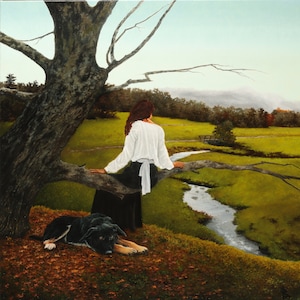 Far from home, Classic realism, Oil Painting on Canvas, Autumn Mood, Girl and Dog, Home Decor, Beautiful Painting, Wall Decoration