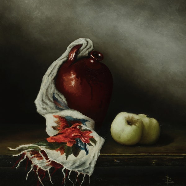 Pommes vertes, réalisme académique contemporain, peinture à l'huile originale, nature morte hollandaise, peinture culinaire, cuisine, art mural