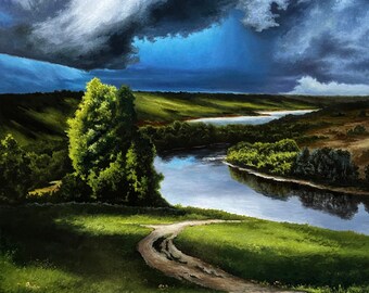 May include: A painting of a winding dirt road leading to a river in a lush green valley. The sky is a dramatic blue with dark clouds overhead.