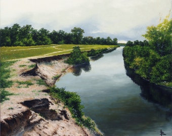 Obraz olejny „Pejzaż rzeczny”, scena leśna w stylu klasycznego realizmu, 19x23"