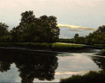 Classic Landscape Oil Painting on Canvas, Forest Lake Scene