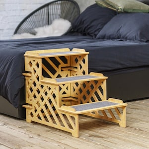 Hundestufen 46 cm mit rutschfester Oberfläche 3-stufige Haustiertreppe für Couch Access | Sperrholz-Hundetreppen, damit der Hund sicher ins Bett kommt