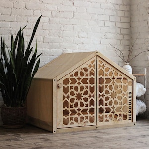 Moderna caseta para perros de interior de madera contrachapada: elegante y acogedora jaula para perros pequeños y grandes.