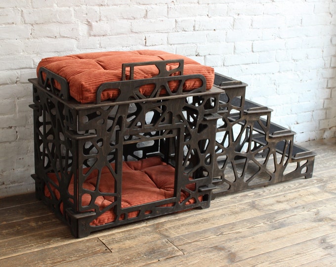 Image showcasing Wooden Elevated Dog Bed, Indoor Dog Crate READY TO SHIP - Etsy