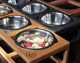 Small Dog Triple Bowl Feeder: Elevated Plywood Stand, Stainless Steel Bowls (450ml, 3.9/5.9 inches)