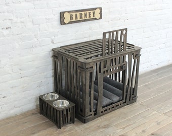 Dog crate, Set with Bowl stand and Dog sign, Small dog crate cage, puppy crate, modern dog crate, stylish dog crate, designer dog crates