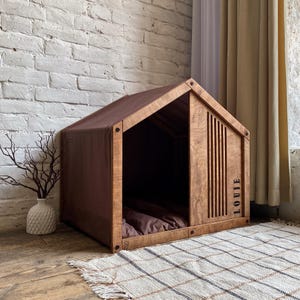 Medium Dog House - Handmade Indoor Dog Furniture with High Lines Cutout Panel and Cotton Canopy