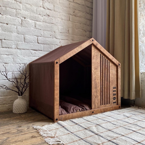 Medium Dog House - Handmade Indoor Dog Furniture with High Lines Cutout Panel and Cotton Canopy